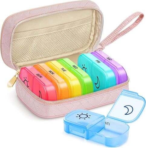 Stylish ZIKEE Weekly Pill Organizer 2 Times a Day, Pill Box 7 Day with Soft Peach-Skin Fabric & Detachable Handle for Travel, Pill Case for Vitamin/Fish Oil/Medicine/Supplements (Pink) in Kuwait