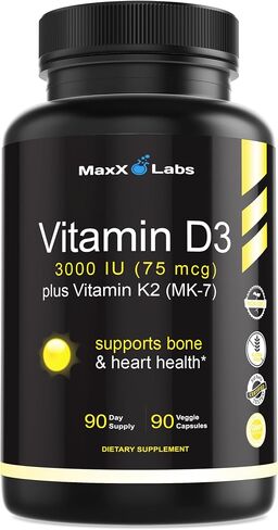 MaxX Labs Vitamin D3 K2 with 3,000 IU per Capsule - Plus 115 mcg of Vitamin K as MK-7 from Natto - Supports Bone Health - Gluten-Free - 90 Count (90-Day Supply) in Kuwait