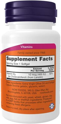 NOW Foods Vitamin D-3 400 IU Softgels, 2 pk, 180 Count (Pack of 2) in Saudi Arabia