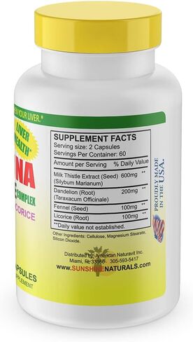 Sunshine Naturals Milk Thistle Complex. Dietary Supplement to Protect and Strengthen your Liver. Dandelion, Fennel and Licorice. 600 mg. 120 Capsules in Saudi Arabia