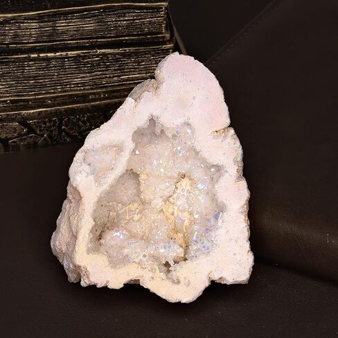 mookaitedecor Angel Aura Quartz Geode Stone Titanium Coated Natural Rock Crystal Cluster عينة لريكي شفاء التأمل ديكور المنزل 0.22-0.44 رطل، أزرق فاتح in Kuwait