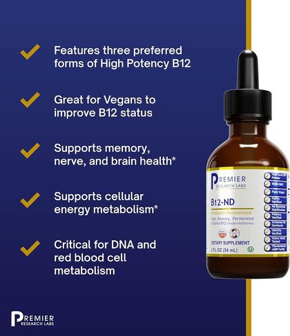 Premier Research Labs B12-ND - Brain, Blood, Memory, Cognitive & Nerve Support - Features High-Potency Fermented Vitamin B12 - Pure Vegan & Non-GMO Source of Vitamin B12-2 Fl Oz in Saudi Arabia