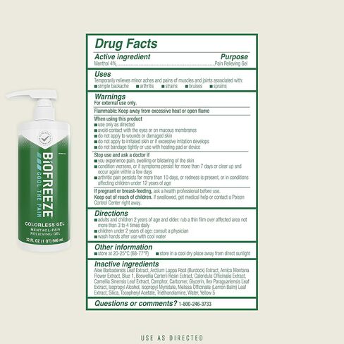 Biofreeze Menthol Pain Relieving Gel 32 FL OZ Bottle With Pump For Pain Relief Associated With Sore Muscles, Arthritis, Simple Backaches, And Joint Pain, Colorless Formula (Packaging May Vary) in Kuwait