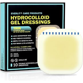 EVERLIT Hydrocolloid Wound Dressing | Waterproof Adhesive Bandage 4" x 4" [Pack of 10] | Sterile, Advance Healing for Acne Breakout, Bed Sores, Ulcers and Blisters (Advanced Hydrocolloid Gel Dressing) in Saudi Arabia