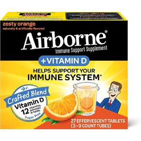Airborne 750mg Vitamin C with Zinc Effervescent Tablets, Immune Support Supplement with Powerful Antioxidants Vitamins A C D3 & E - 27 Fizzy Drink Tablets, Zesty Orange Flavor in Kuwait