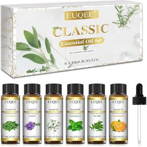 Classic Essential Oil Set of 6 Pure Essential Oil Gift Set for Diffusers, Soap Candle Making - Lavender, Eucalyptus, Peppermint, Tea Tree, Sweet Orange, Lemongrass Aromatherapy Oils -10ml