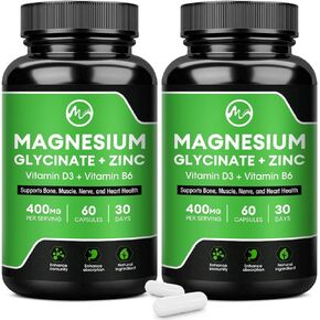 (2 Pack) Magnesium Glycinate Capsules, Magnesium Supplement 400mg with Zinc,Vitamin D3 & B6 - Highly Bioavailable and Absorption - Bone,Heart,Joint,Immune Support - 120 Vegan Capsules for Women & Men in Saudi Arabia
