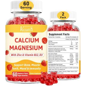 Calcium Magnesium Zinc Gummies with Vitamin D3 and B12, Immune Support Calcium Supplements for Women Men, 60 Vegan Blueberry Flavor Gummies