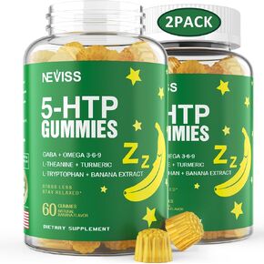 1Pack 5-HTP GABA Sleep Supplement Gummies - Melatonin Free Extra Strength 900mg Complex for Health Rest Cycle, Banana Extract, L-Theanine, L-Tryptophan, Omega-3-6-9 for Natural Zzz, Brain Relax, Vegan