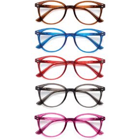 COJWIS Reading Glasses Blue Light Blocking 5 Pack Spring Hinge Fashion Readers for Men and Women Anti Glare Filter Eyeglasses (143-1 5C, 0.00)