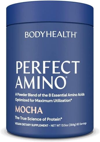 BodyHealth PerfectAmino Powder Mocha Boost (60 Servings) Best Pre/Post Workout Recovery Drink, 8 Essential Amino Acids Energy Supplement with 50% BCAAs, 100% Organic, 99% Utilization in Kuwait