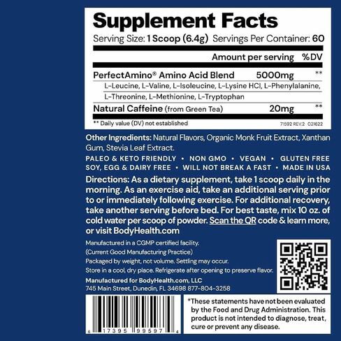 BodyHealth PerfectAmino Powder Mocha Boost (60 Servings) Best Pre/Post Workout Recovery Drink, 8 Essential Amino Acids Energy Supplement with 50% BCAAs, 100% Organic, 99% Utilization in Kuwait