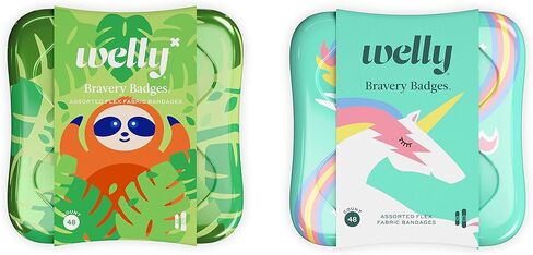 Welly Bandages - Bravery Badges, Flexible Fabric, Adhesive, Assorted Shapes, Sloth and Unicorn Patterns - 48 ct, 2 Pack in Kuwait
