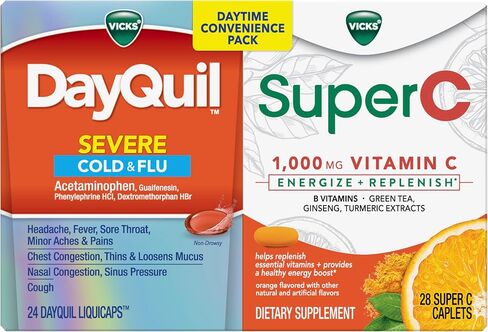 Vicks DayQuil & Super C Convenience Pack: DayQuil Severe Medicine for Cold & Flu Relief, Conveniently Packaged with Super C Energize and Replenish* Daily Supplement with Vitamin C, B Vitamins, 52ct in Saudi Arabia