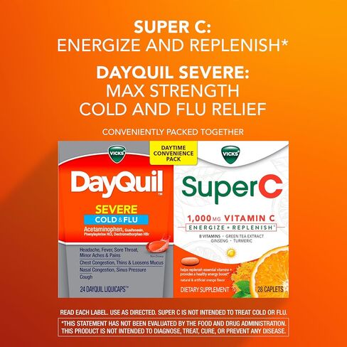 Vicks DayQuil & Super C Convenience Pack: DayQuil Severe Medicine for Cold & Flu Relief, Conveniently Packaged with Super C Energize and Replenish* Daily Supplement with Vitamin C, B Vitamins, 52ct in Saudi Arabia