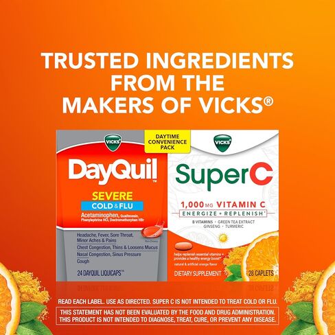 Vicks DayQuil & Super C Convenience Pack: DayQuil Severe Medicine for Cold & Flu Relief, Conveniently Packaged with Super C Energize and Replenish* Daily Supplement with Vitamin C, B Vitamins, 52ct in Saudi Arabia