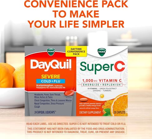 Vicks DayQuil & Super C Convenience Pack: DayQuil Severe Medicine for Cold & Flu Relief, Conveniently Packaged with Super C Energize and Replenish* Daily Supplement with Vitamin C, B Vitamins, 52ct in Saudi Arabia