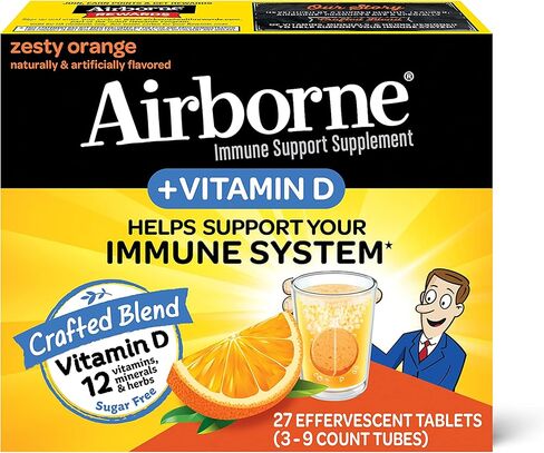 Airborne 750mg Vitamin C with Zinc Effervescent Tablets, Immune Support Supplement with Powerful Antioxidants Vitamins A C D3 & E - 27 Fizzy Drink Tablets, Zesty Orange Flavor in Kuwait