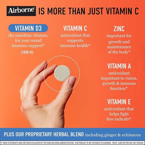 Airborne 750mg Vitamin C with Zinc Effervescent Tablets, Immune Support Supplement with Powerful Antioxidants Vitamins A C D3 & E - 27 Fizzy Drink Tablets, Zesty Orange Flavor in Kuwait
