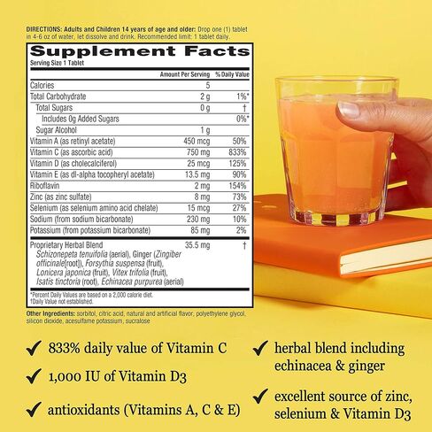 Airborne 750mg Vitamin C with Zinc Effervescent Tablets, Immune Support Supplement with Powerful Antioxidants Vitamins A C D3 & E - 27 Fizzy Drink Tablets, Zesty Orange Flavor in Kuwait