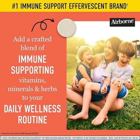Airborne 750mg Vitamin C with Zinc Effervescent Tablets, Immune Support Supplement with Powerful Antioxidants Vitamins A C D3 & E - 27 Fizzy Drink Tablets, Zesty Orange Flavor in Kuwait