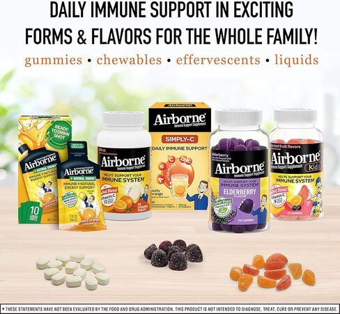 Airborne 750mg Vitamin C with Zinc Effervescent Tablets, Immune Support Supplement with Powerful Antioxidants Vitamins A C D3 & E - 27 Fizzy Drink Tablets, Zesty Orange Flavor in Kuwait