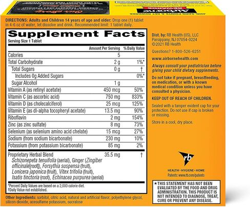 Airborne 750mg Vitamin C with Zinc Effervescent Tablets, Immune Support Supplement with Powerful Antioxidants Vitamins A C D3 & E - 27 Fizzy Drink Tablets, Zesty Orange Flavor in Kuwait