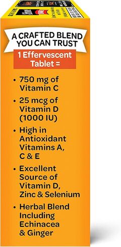 Airborne 750mg Vitamin C with Zinc Effervescent Tablets, Immune Support Supplement with Powerful Antioxidants Vitamins A C D3 & E - 27 Fizzy Drink Tablets, Zesty Orange Flavor in Kuwait