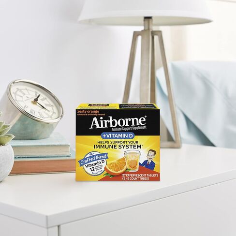 Airborne 750mg Vitamin C with Zinc Effervescent Tablets, Immune Support Supplement with Powerful Antioxidants Vitamins A C D3 & E - 27 Fizzy Drink Tablets, Zesty Orange Flavor in Kuwait