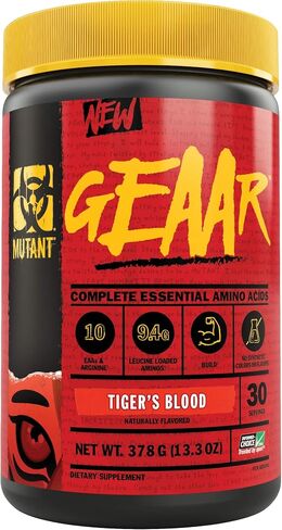 Mutant GEAAR - 9.4g of EAA Powder + Arginine, 7g BCAAs, 4g Leucine, Electrolytes, Coconut Water, No Artificial Colors or Flavors, Delicious Taste - 30 Servings - Tiger's Blood - 378g in Kuwait