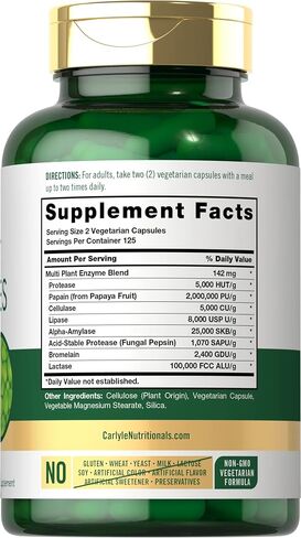 Carlyle Plant Enzymes with Protease, Papain, Lactase and Bromelain | 250 Capsules | Multi Enzyme Blend | Non-GMO & Gluten Free Supplement in Saudi Arabia