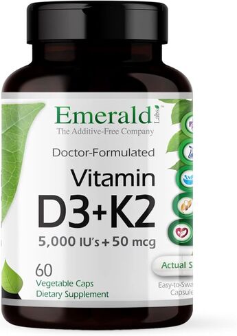 Emerald Labs فيتامين D3 + K2 5000 وحدة دولية - مكمل يومي للقلب والعظام والأسنان وصحة المناعة والدعم العام - 60 كبسولة نباتية in Saudi Arabia