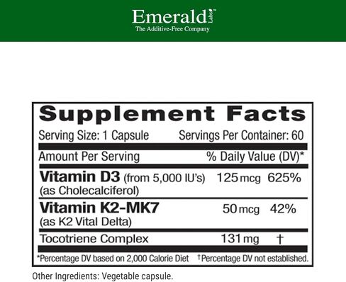 Emerald Labs فيتامين D3 + K2 5000 وحدة دولية - مكمل يومي للقلب والعظام والأسنان وصحة المناعة والدعم العام - 60 كبسولة نباتية in Saudi Arabia