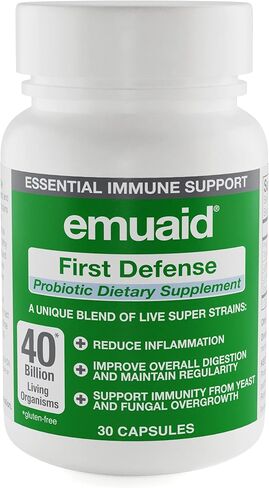emuaid First Defense Probiotic 30 Capsules - Probiotics Dietary Supplement containing Lactobacillus Acidophilus, Lactobacillus Plantarum, Streptococcus Thermophilus for Health, Digestion, Bloating in Kuwait