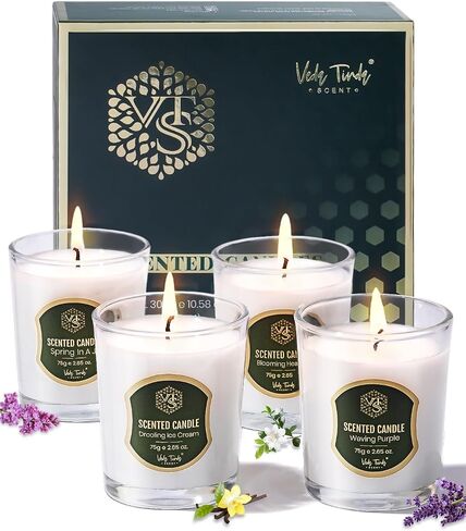 مجموعة هدايا شموع معطرة بشمع العسل من فيدا تيندا للنساء والرجال، 4 عبوات من الشموع المعطرة للمنزل، حرق يدوم لمدة 80 ساعة، اليقطين، القرفة التفاح، مجموعة شموع الأرز، الاسترخاء، منعش الهواء in Kuwait