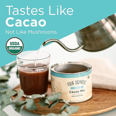 أربعة سيجماتيك فطر الكاكاو مع ريشي، مسحوق فطر ريشي عضوي، هدوء طبيعي، استرخاء، نوم، باليو، 10 قطع in Kuwait