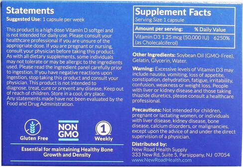 ULTRA-D3 New Road Health Supply، فيتامين D3 50.000 وحدة دولية، كبسولة هلامية أسبوعية من فيتامين D للعظام والأسنان ودعم المناعة، خالية من الغلوتين، 12 قطعة in Kuwait