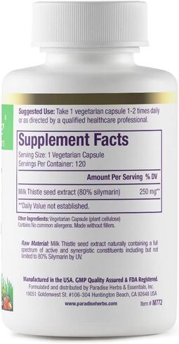 Paradise Herbs Milk Thistle، مستخلص كامل الطيف، نباتي، غير معدل وراثيًا، خالي من الغلوتين، 120 كبسولة نباتية in Saudi Arabia