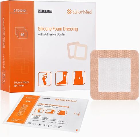 EalionMed Silicone Foam Dressing with Gentle Adhesive Border 4''x4'', 10 Pack, Painless Removal High Absorbency Bed Sore Wound Bandage for Pressure Sore, Leg Ulcer, Diabetic Ulcer in Kuwait