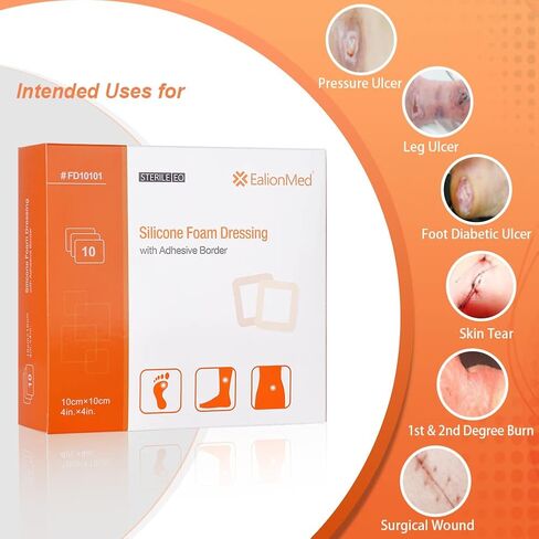 EalionMed Silicone Foam Dressing with Gentle Adhesive Border 4''x4'', 10 Pack, Painless Removal High Absorbency Bed Sore Wound Bandage for Pressure Sore, Leg Ulcer, Diabetic Ulcer in Kuwait