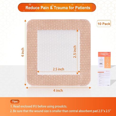EalionMed Silicone Foam Dressing with Gentle Adhesive Border 4''x4'', 10 Pack, Painless Removal High Absorbency Bed Sore Wound Bandage for Pressure Sore, Leg Ulcer, Diabetic Ulcer in Kuwait