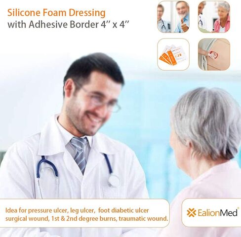 EalionMed Silicone Foam Dressing with Gentle Adhesive Border 4''x4'', 10 Pack, Painless Removal High Absorbency Bed Sore Wound Bandage for Pressure Sore, Leg Ulcer, Diabetic Ulcer in Kuwait