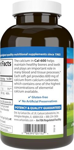 Carlson - Cal-600, 600 mg Calcium, Bone Support, Healthy Teeth & Optimal Wellness, 100 Softgels in Kuwait
