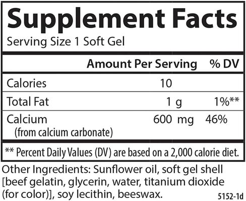 Carlson - Cal-600, 600 mg Calcium, Bone Support, Healthy Teeth & Optimal Wellness, 100 Softgels in Kuwait