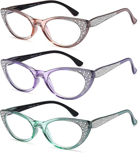نظارات قراءة عين القطة من EYEURL للنساء - مجموعة من 3 قارئات أزياء للسيدات تحجب الضوء الأزرق مع مفصلات زنبركية مرنة، مضادة للوهج والأشعة فوق البنفسجية +1.50 نظارات، بني/أخضر/أرجواني in Kuwait