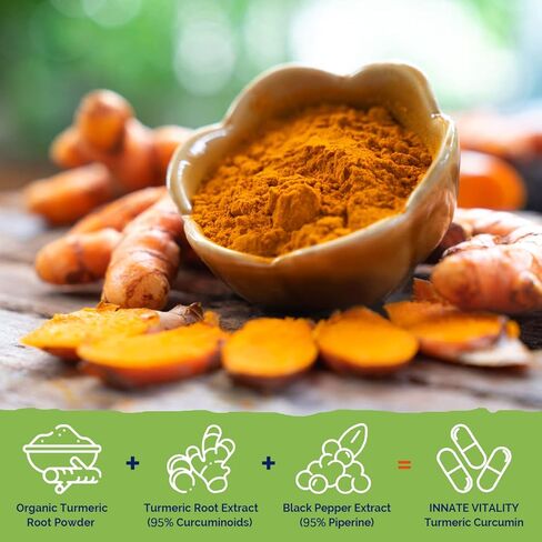 الكركمين الكركمي Innate Vitality، 1800 مجم لكل وجبة، مكمل الكركمين الكركم، 95% كوركومينويدات، امتصاص متقدم مع الفلفل الأسود، غير معدل وراثيًا، خالٍ من الغلوتين، دعم المفاصل، 90 كبسولة نباتية in Kuwait