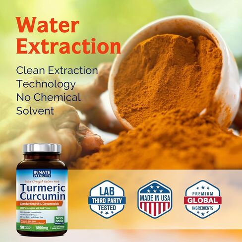 الكركمين الكركمي Innate Vitality، 1800 مجم لكل وجبة، مكمل الكركمين الكركم، 95% كوركومينويدات، امتصاص متقدم مع الفلفل الأسود، غير معدل وراثيًا، خالٍ من الغلوتين، دعم المفاصل، 90 كبسولة نباتية in Kuwait