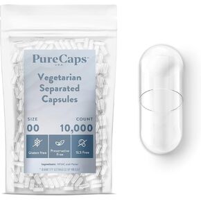 PureCaps USA - Empty Clear Vegetarian and Vegan Pill Capsules Size 00, 1,000 Empty Separated Vegetarian Pills, Non-GMO Certified, Kosher, Gluten Free and Halal Certified, Preservative Free