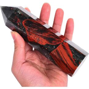 AMOYSTONE African Bloodstone Obelisk Large Healing Crystal Wand Tower 6 Faceted Column Reiki Chakra Meditation Therapy Red 0.6-1.1 LBS
