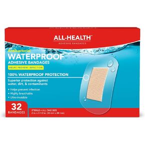 All Health Clear Waterproof Antibacterial Adhesive Bandages, 2 in x 3 1/2 in, 32 ct | Helps Prevent Infection, 100% Waterproof for First Aid and Wound Care in Kuwait